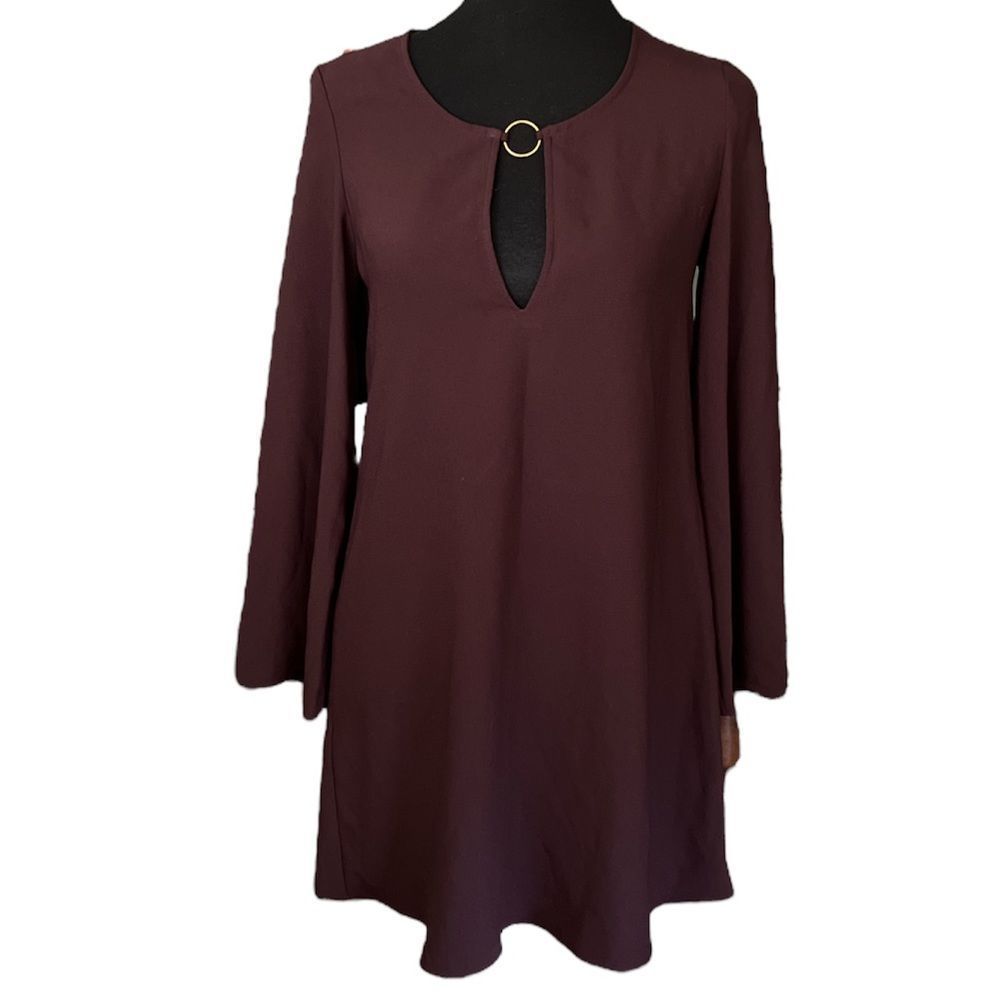 MNG SUIT Dress Purple / Plum Size XS Flare 3/4 Length Sleeves Gold Ring V Neck